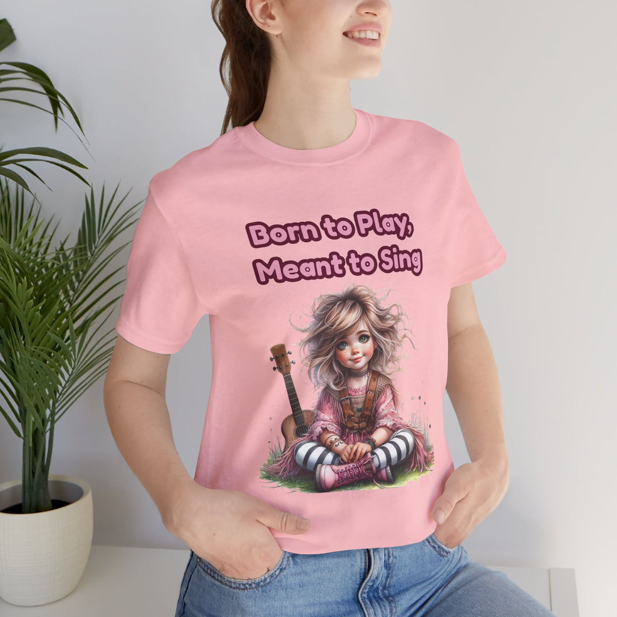 Music Lovers T‑Shirt — "Born to Play, Meant to Sing" Cute Girl with Guitar