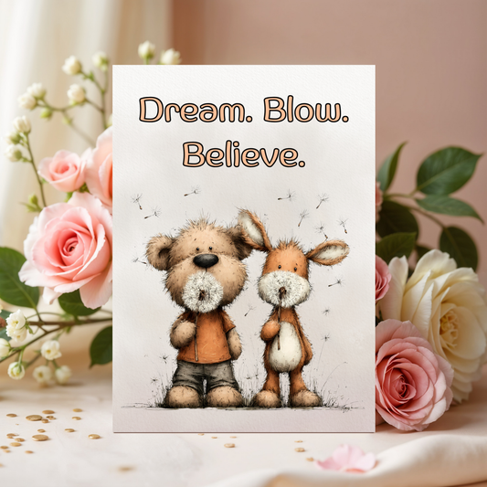 The Forever Friends Collection Greeting Card: Friendship Bear and Deer Dream. Blow. Believe.