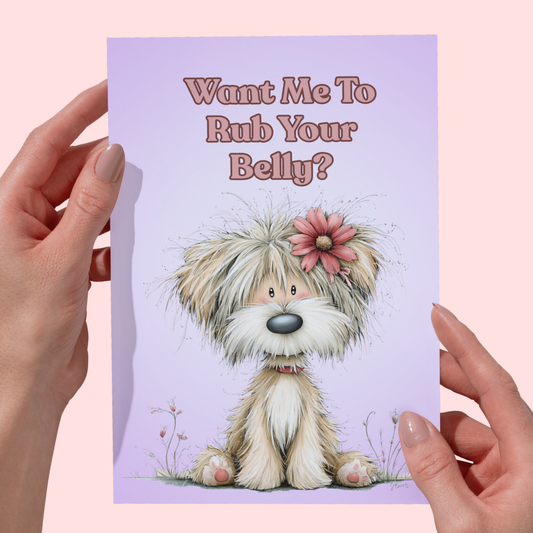 Humorous Dog Greeting Card: Want Me To your Belly? 5 x 7 Greeting Card