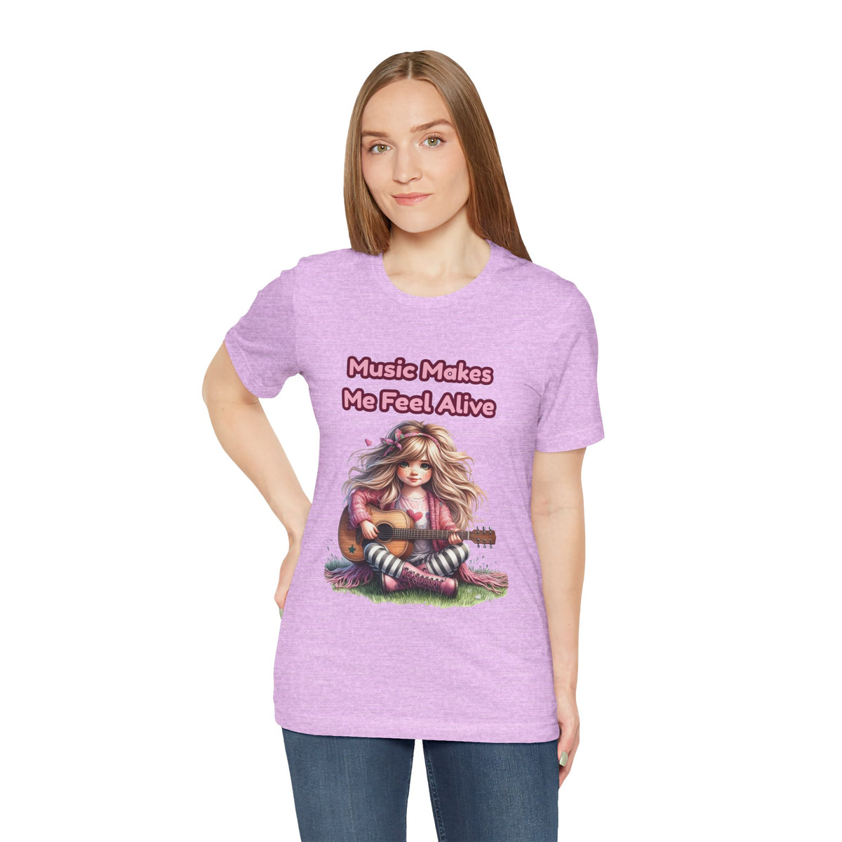 Music Makes Me Feel Alive T‑Shirt - Girl with Guitar Retro Cute Tee