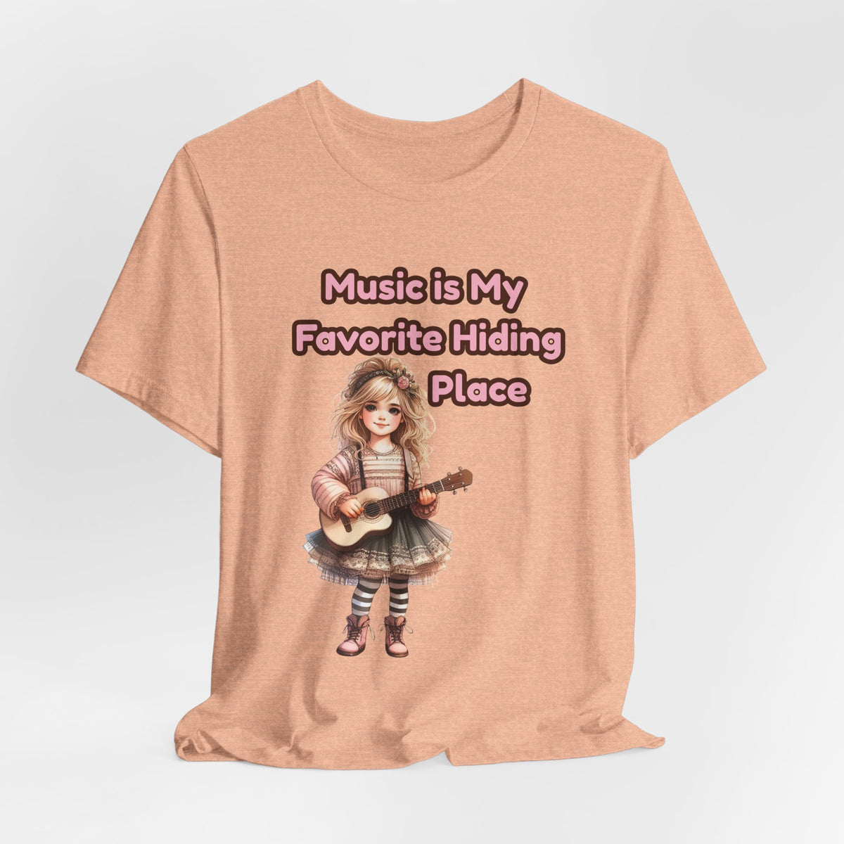 Music Is My Favorite Hiding Place T-Shirt — Cute Girl with Guitar Tee