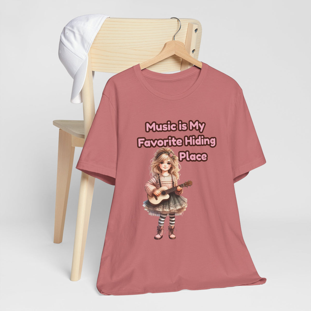 Music Is My Favorite Hiding Place T-Shirt — Cute Girl with Guitar Tee
