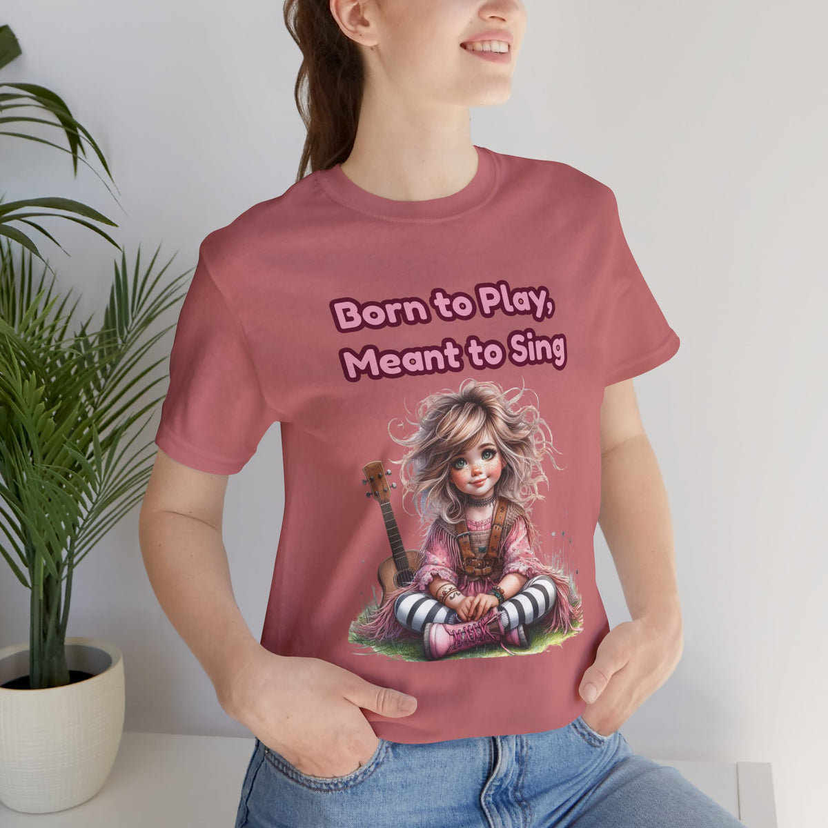 Music Lovers T‑Shirt — "Born to Play, Meant to Sing" Cute Girl with Guitar