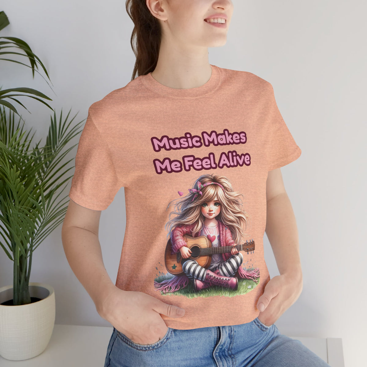 Music Makes Me Feel Alive T‑Shirt - Girl with Guitar Retro Cute Tee