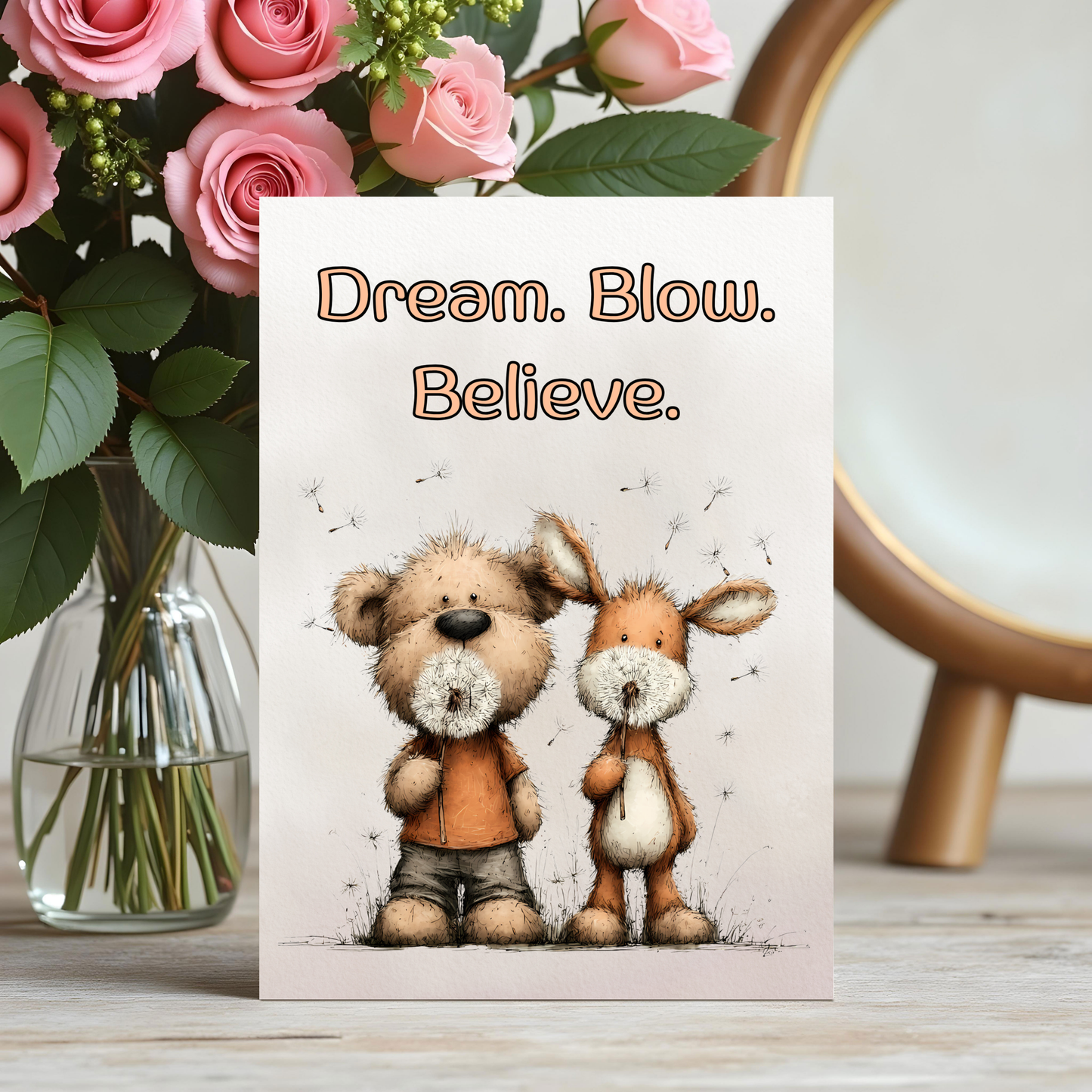 The Forever Friends Collection Greeting Card: Friendship Bear and Deer Dream. Blow. Believe.