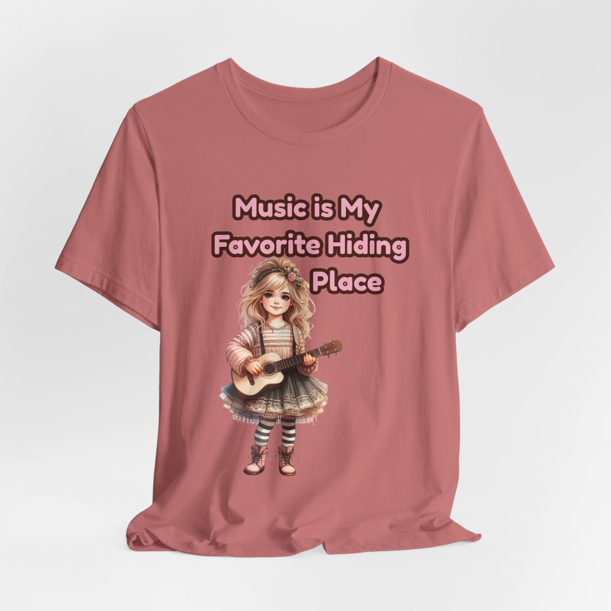 Music Is My Favorite Hiding Place T-Shirt — Cute Girl with Guitar Tee
