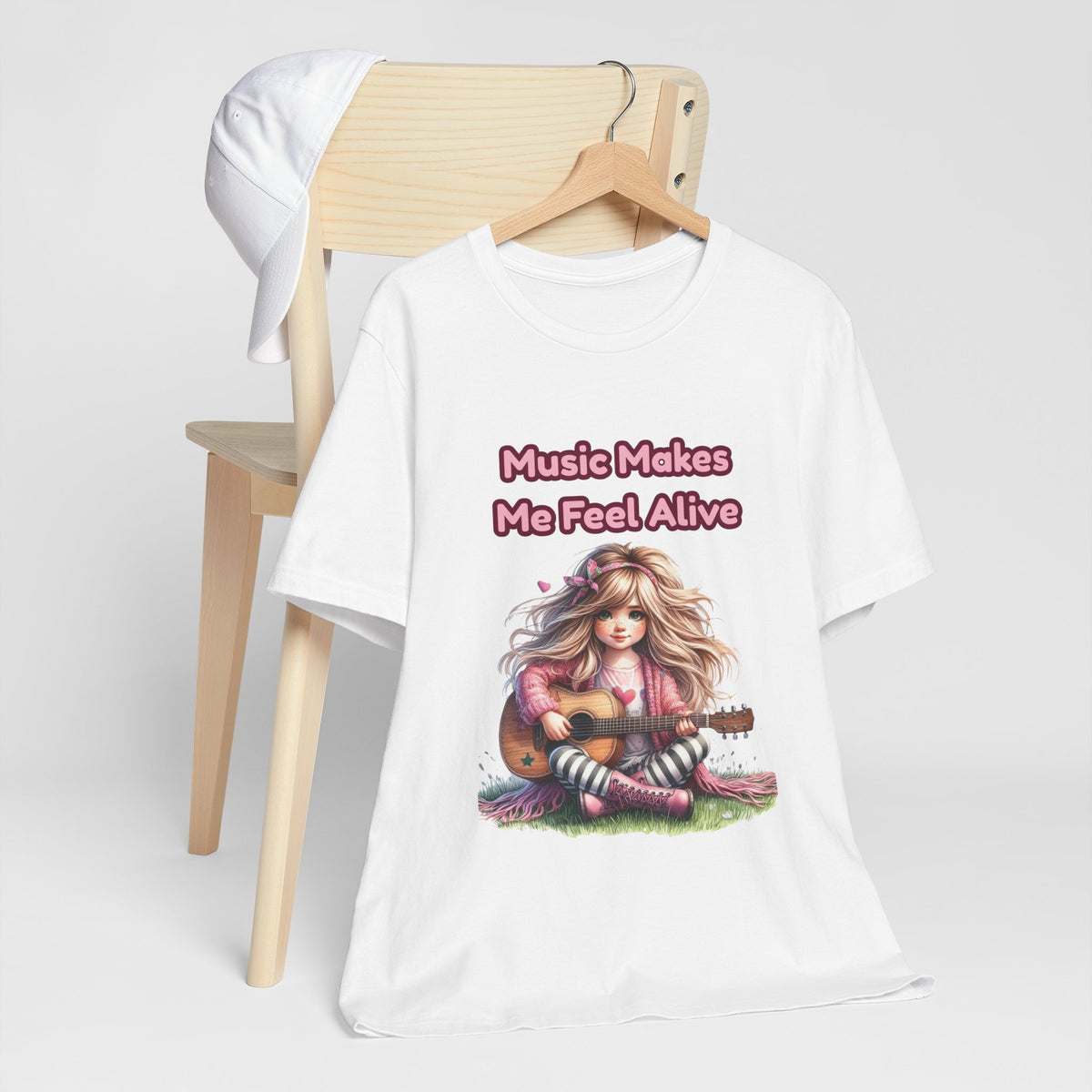 Music Makes Me Feel Alive T‑Shirt - Girl with Guitar Retro Cute Tee