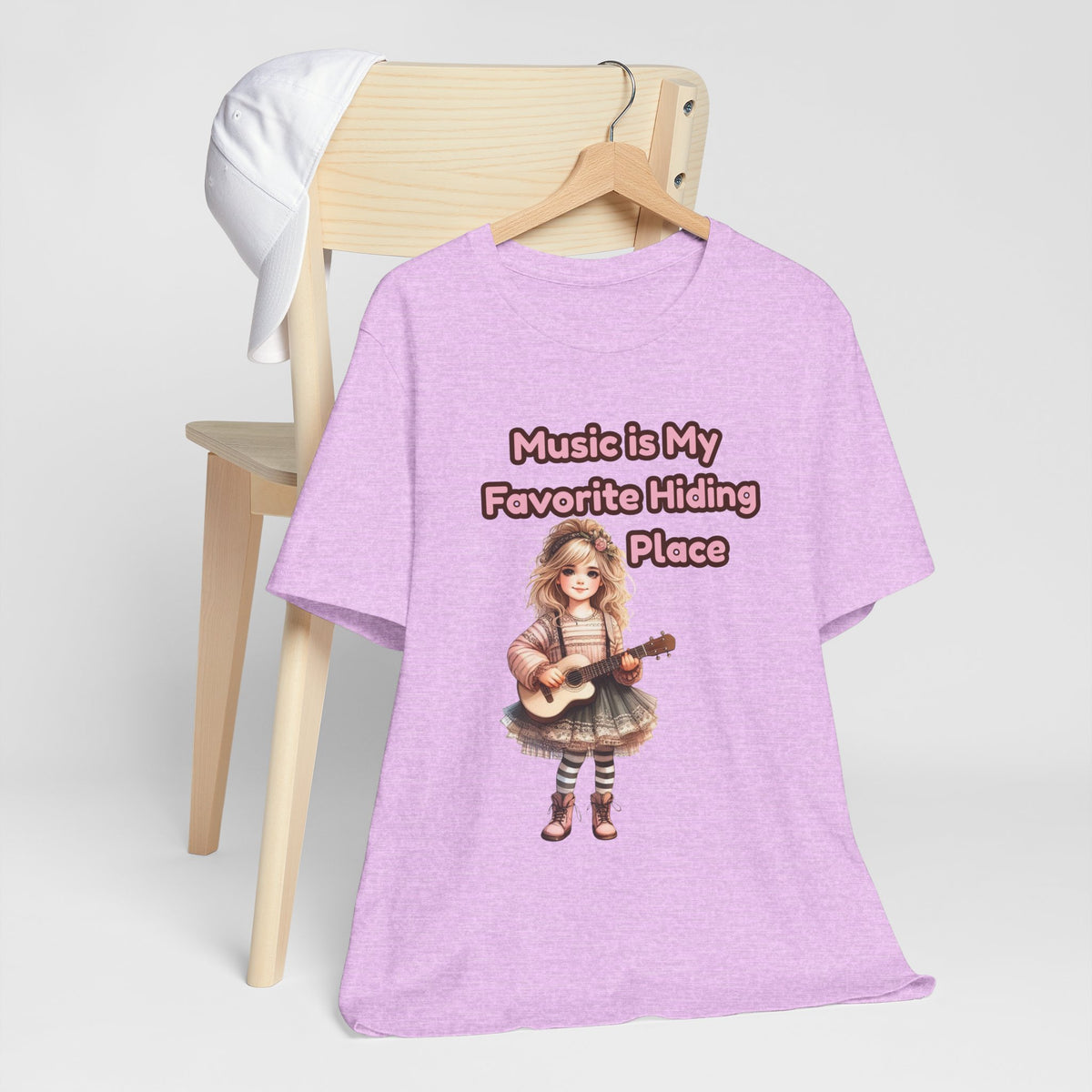 Music Is My Favorite Hiding Place T-Shirt — Cute Girl with Guitar Tee