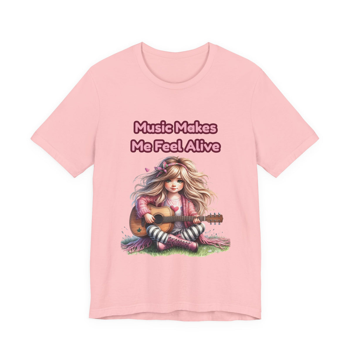 Music Makes Me Feel Alive T‑Shirt - Girl with Guitar Retro Cute Tee