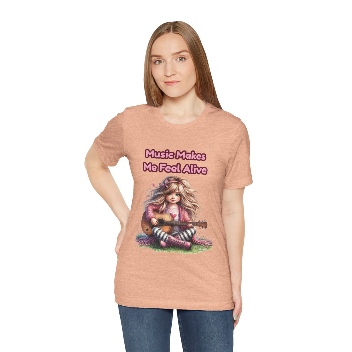 Music Makes Me Feel Alive T‑Shirt - Girl with Guitar Retro Cute Tee