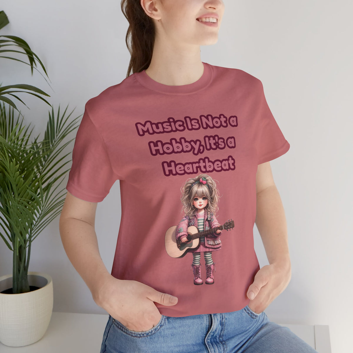 Music Is Not a Hobby It's a Heartbeat Tee - Cute Girl Guitar Graphic T-Shirt