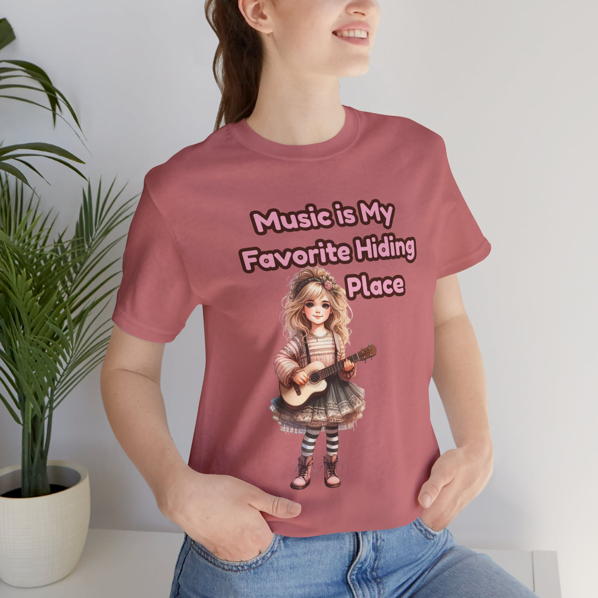 Music Is My Favorite Hiding Place T-Shirt — Cute Girl with Guitar Tee