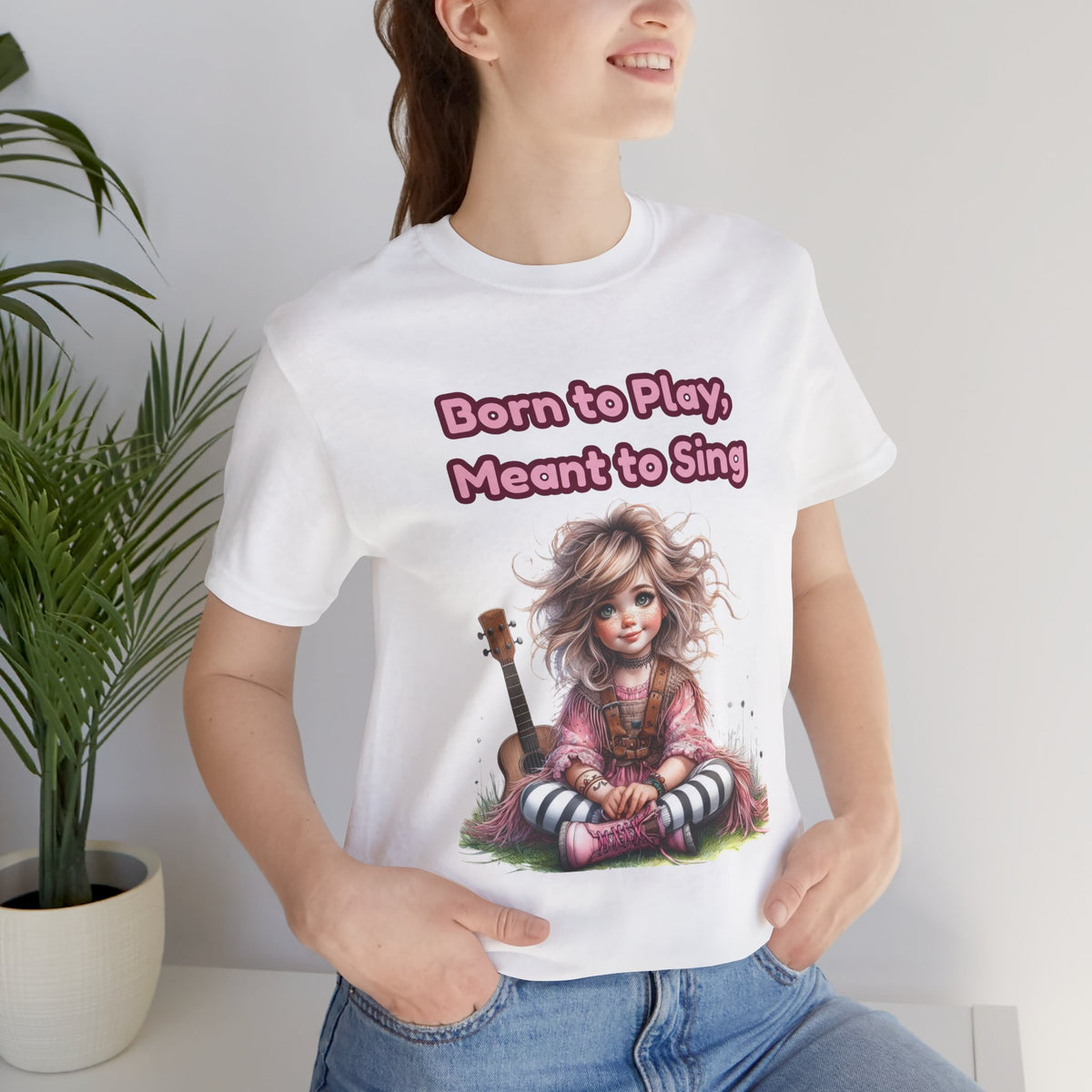 Music Lovers T‑Shirt — "Born to Play, Meant to Sing" Cute Girl with Guitar