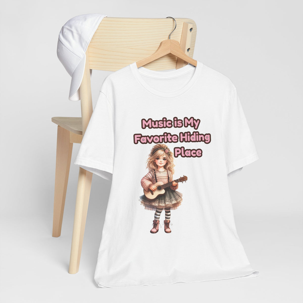 Music Is My Favorite Hiding Place T-Shirt — Cute Girl with Guitar Tee