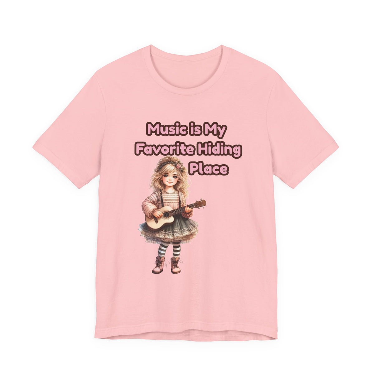 Music Is My Favorite Hiding Place T-Shirt — Cute Girl with Guitar Tee