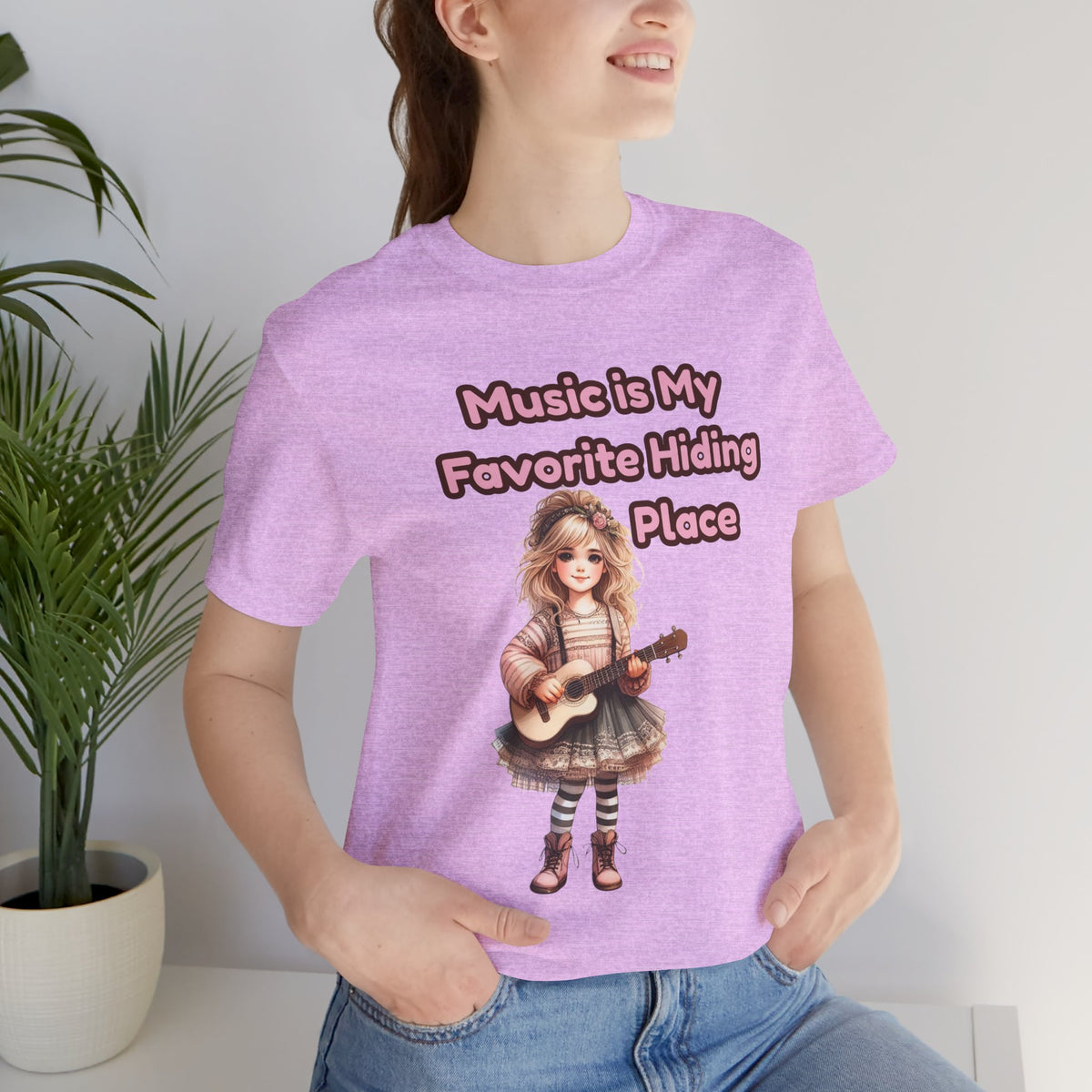 Music Is My Favorite Hiding Place T-Shirt — Cute Girl with Guitar Tee