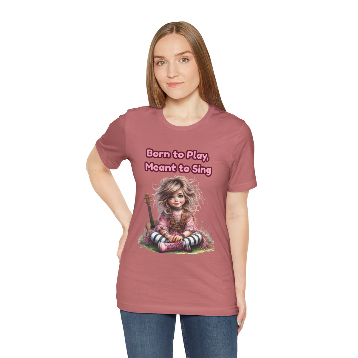 Music Lovers T‑Shirt — "Born to Play, Meant to Sing" Cute Girl with Guitar