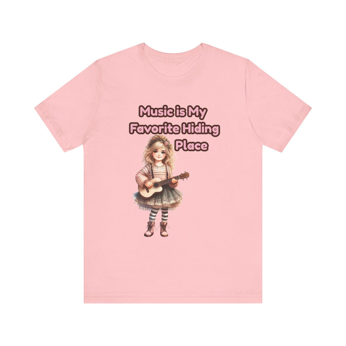 Music Is My Favorite Hiding Place T-Shirt — Cute Girl with Guitar Tee