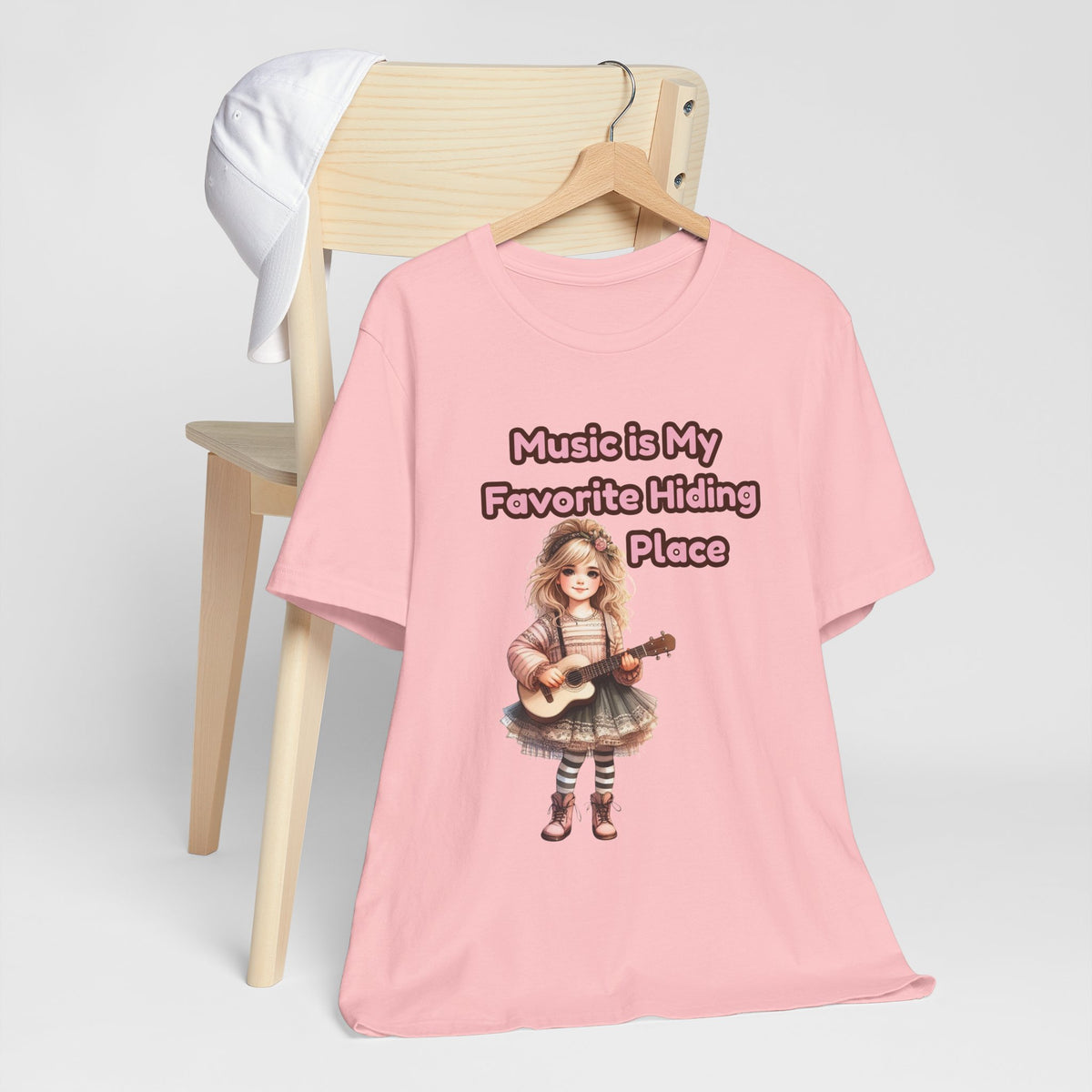 Music Is My Favorite Hiding Place T-Shirt — Cute Girl with Guitar Tee