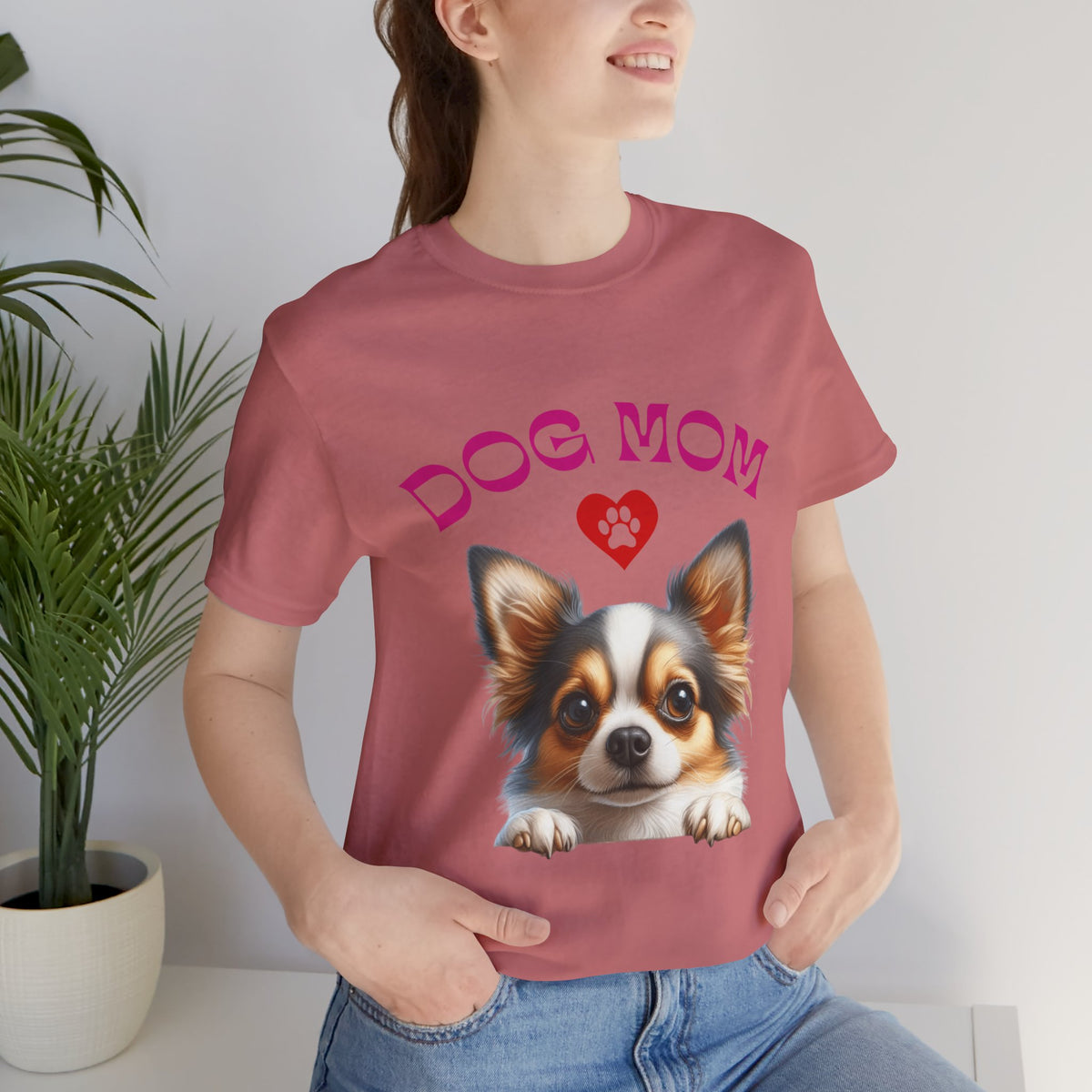 Chihuahua Dog Mom T-Shirt — Cute Chihuahua Face with Heart Paw Graphic