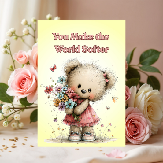 Whimsical Bear Inspirational 5 x 7 Greeting Card: You Make the World Softer