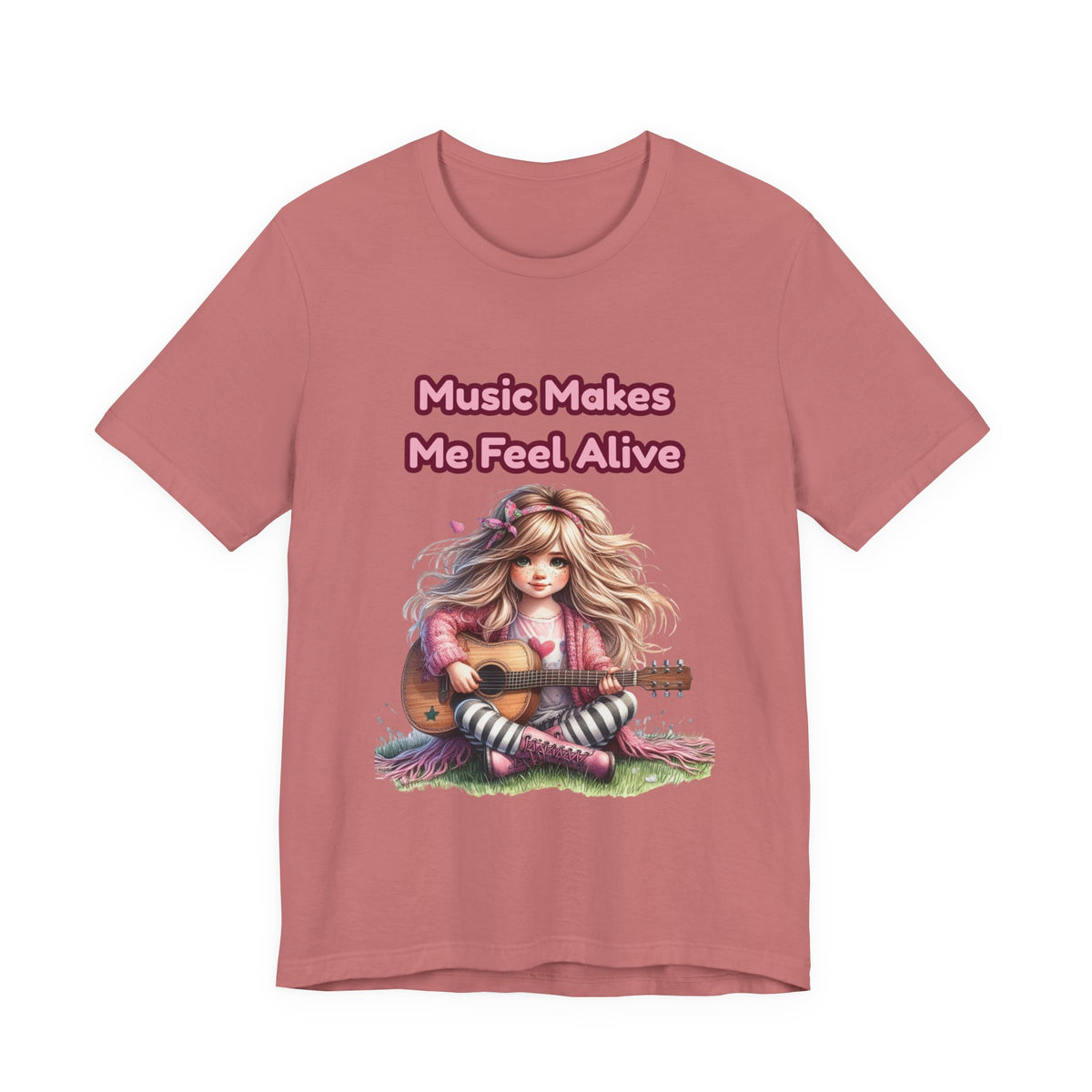 Music Makes Me Feel Alive T‑Shirt - Girl with Guitar Retro Cute Tee