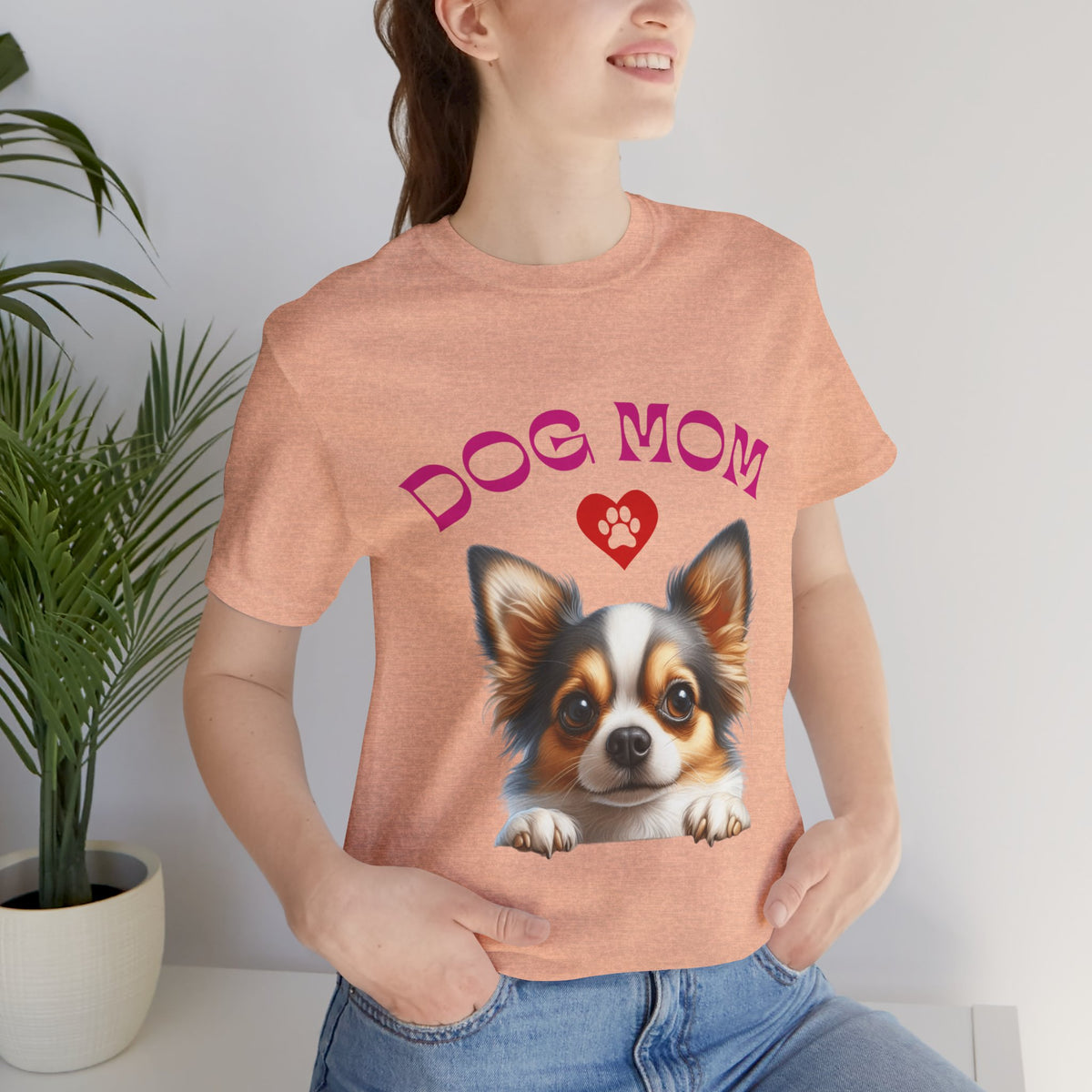 Chihuahua Dog Mom T-Shirt — Cute Chihuahua Face with Heart Paw Graphic