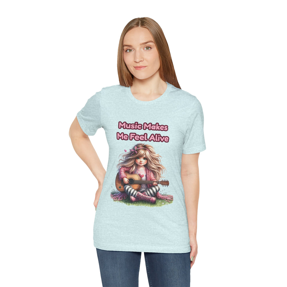 Music Makes Me Feel Alive T‑Shirt - Girl with Guitar Retro Cute Tee
