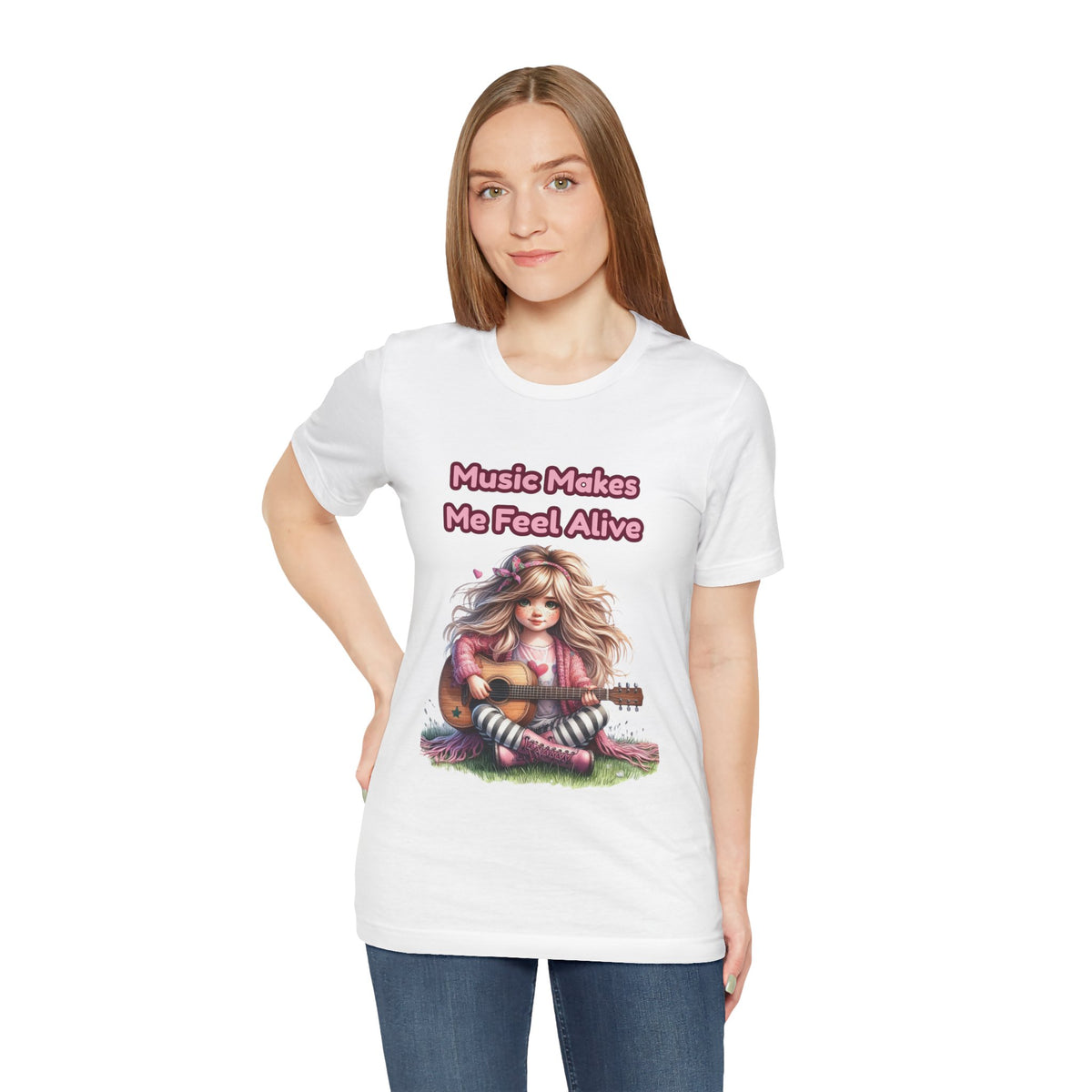 Music Makes Me Feel Alive T‑Shirt - Girl with Guitar Retro Cute Tee