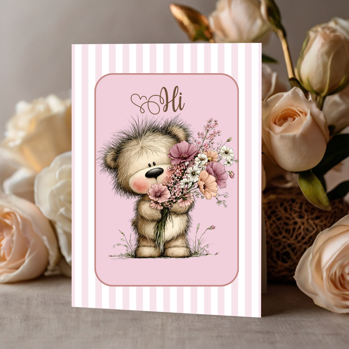 The Beautiful Blossom Bear Collection Greeting Cards: Hi Bear with armful of Blossoms