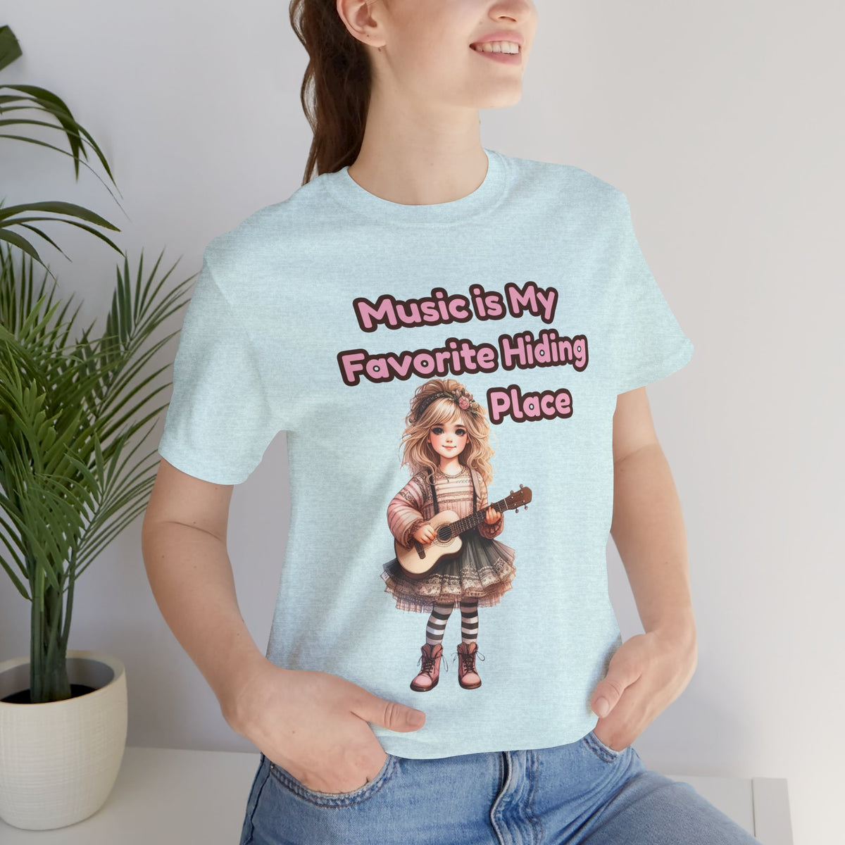 Music Is My Favorite Hiding Place T-Shirt — Cute Girl with Guitar Tee