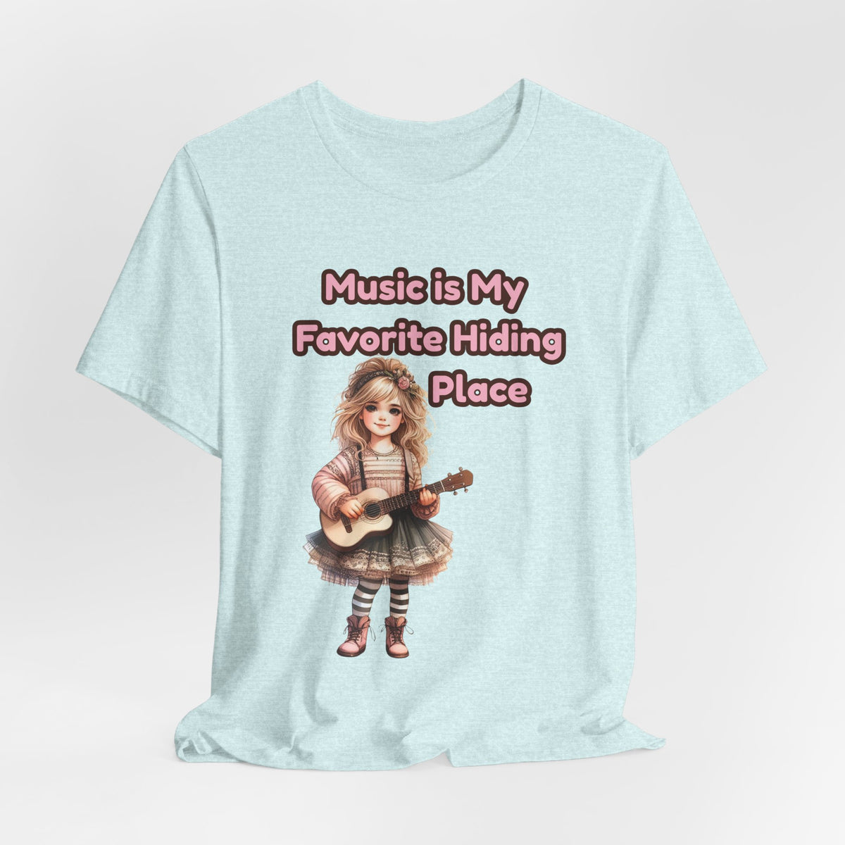Music Is My Favorite Hiding Place T-Shirt — Cute Girl with Guitar Tee