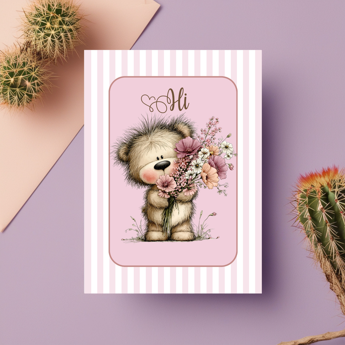 The Beautiful Blossom Bear Collection Greeting Cards: Hi Bear with armful of Blossoms