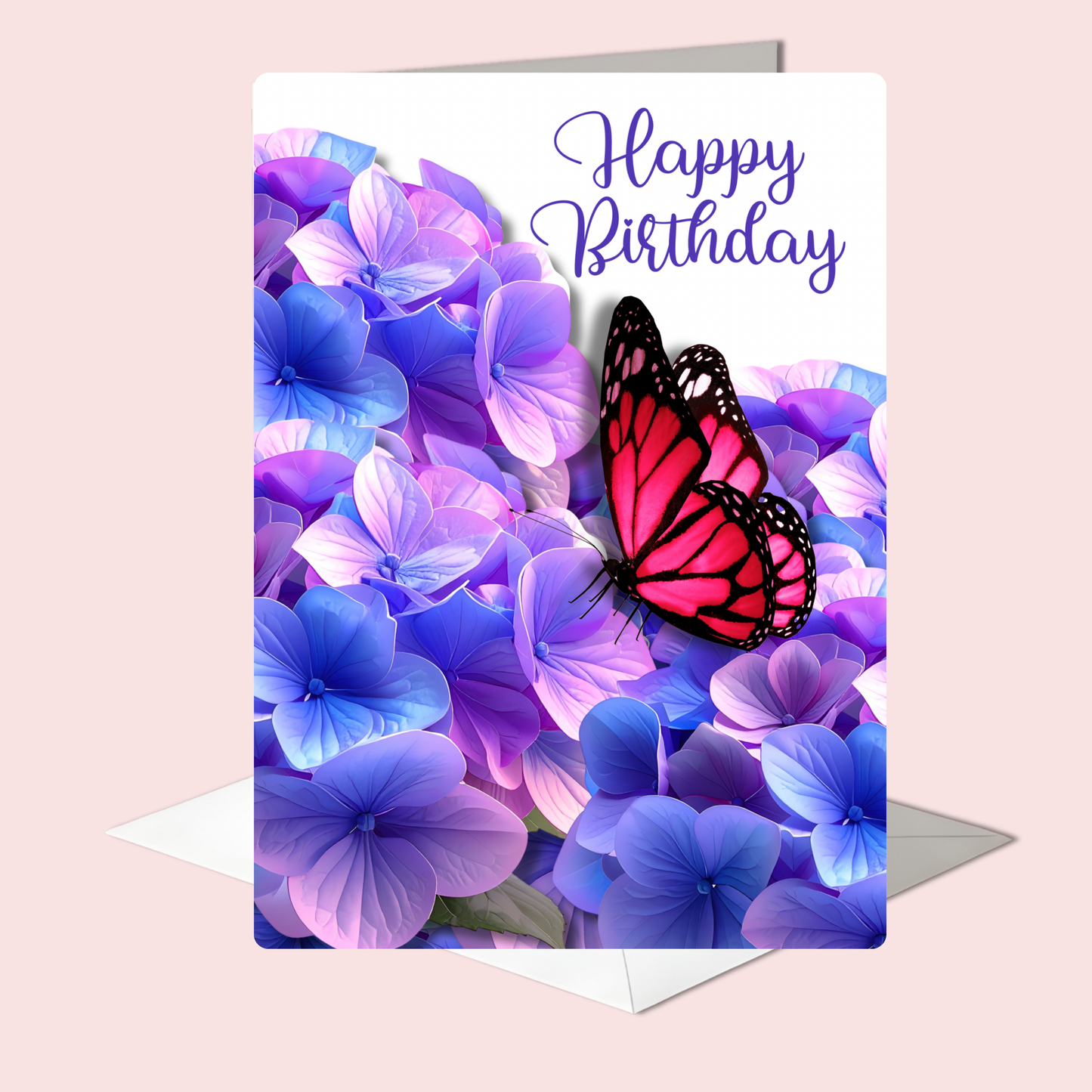 The Sweet Garden Wishes Collection Greeting Cards: Beautiful Pink Butterfly on Purple Flowers