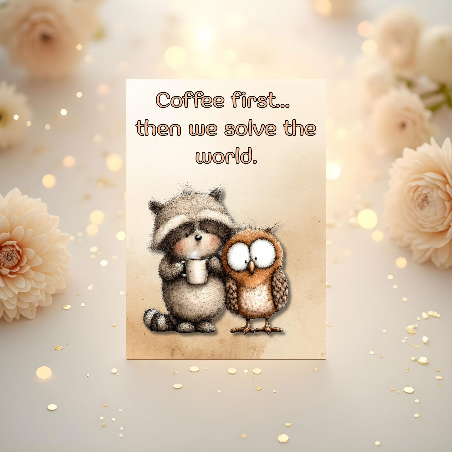 The Forever Friends Collection Greeting Card: Coffee first...then we solve the world Besties Over Coffee