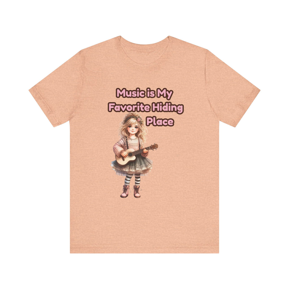 Music Is My Favorite Hiding Place T-Shirt — Cute Girl with Guitar Tee