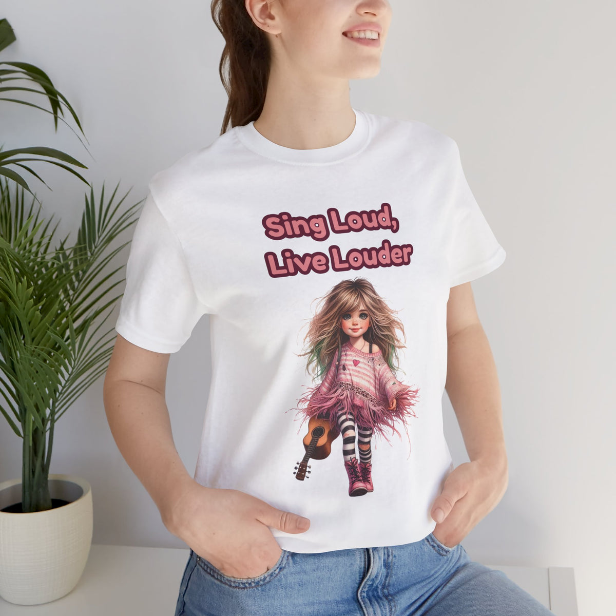 Sing Loud Live Louder Doll Graphic Tee - Cute Girl with Guitar T-Shirt