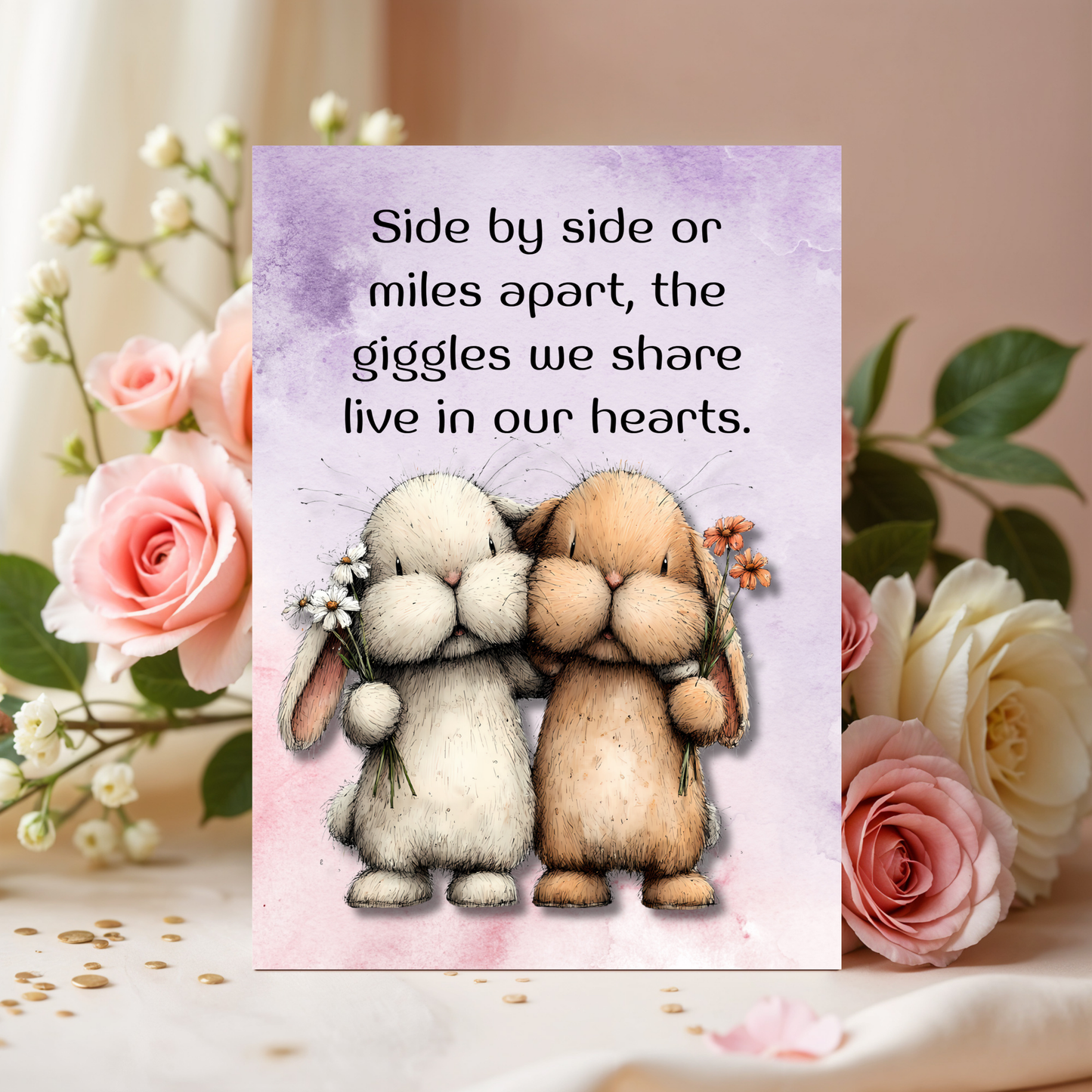 The Forever Friends Collection Greeting Card:  Side by Side or Miles Apart, The Giggles We Share Live in Our Hearts.