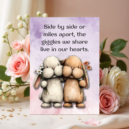 The Forever Friends Collection Greeting Card:  Side by Side or Miles Apart, The Giggles We Share Live in Our Hearts.
