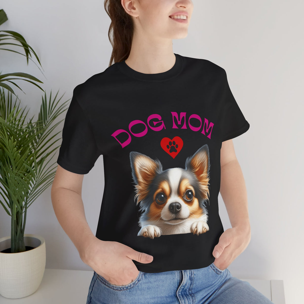Chihuahua Dog Mom T-Shirt — Cute Chihuahua Face with Heart Paw Graphic