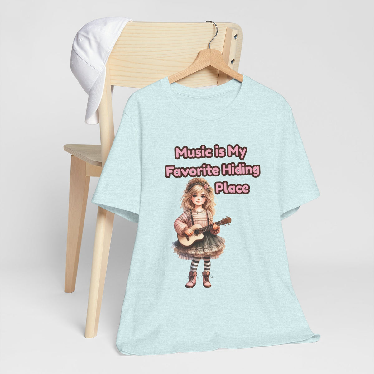Music Is My Favorite Hiding Place T-Shirt — Cute Girl with Guitar Tee