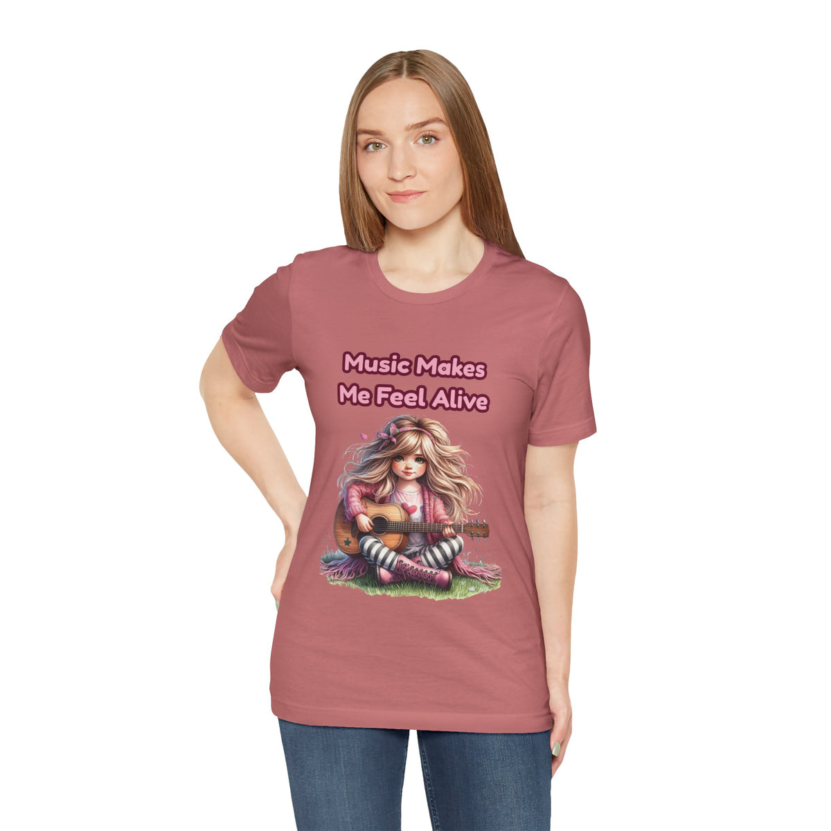 Music Makes Me Feel Alive T‑Shirt - Girl with Guitar Retro Cute Tee