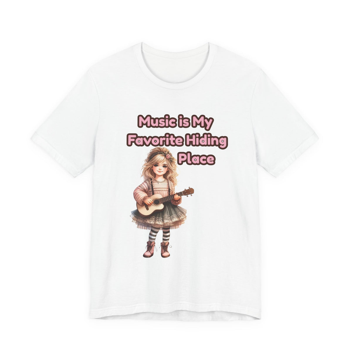 Music Is My Favorite Hiding Place T-Shirt — Cute Girl with Guitar Tee