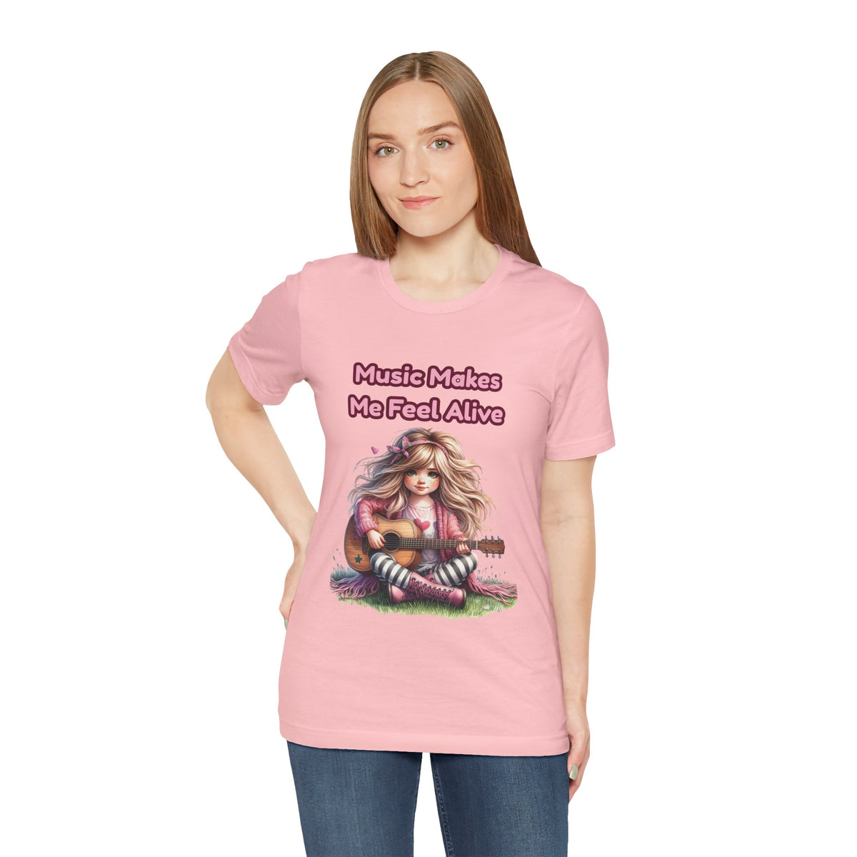 Music Makes Me Feel Alive T‑Shirt - Girl with Guitar Retro Cute Tee