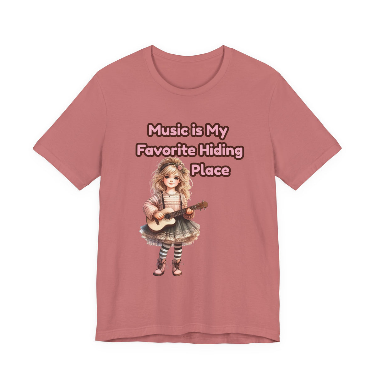Music Is My Favorite Hiding Place T-Shirt — Cute Girl with Guitar Tee