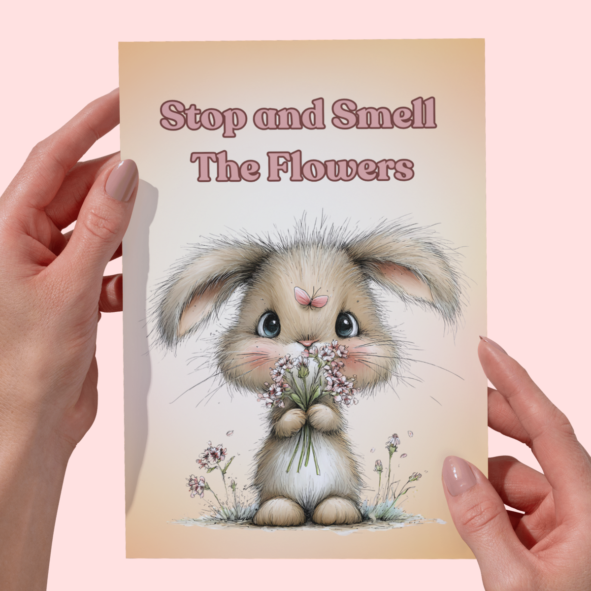 Inspirational Rabbit 5 x 7 Greeting Card: Stop and Smell The Flowers