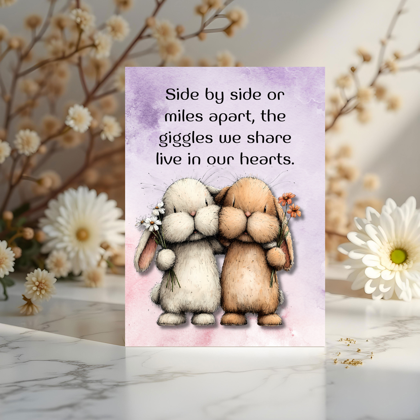 The Forever Friends Collection Greeting Card:  Side by Side or Miles Apart, The Giggles We Share Live in Our Hearts.