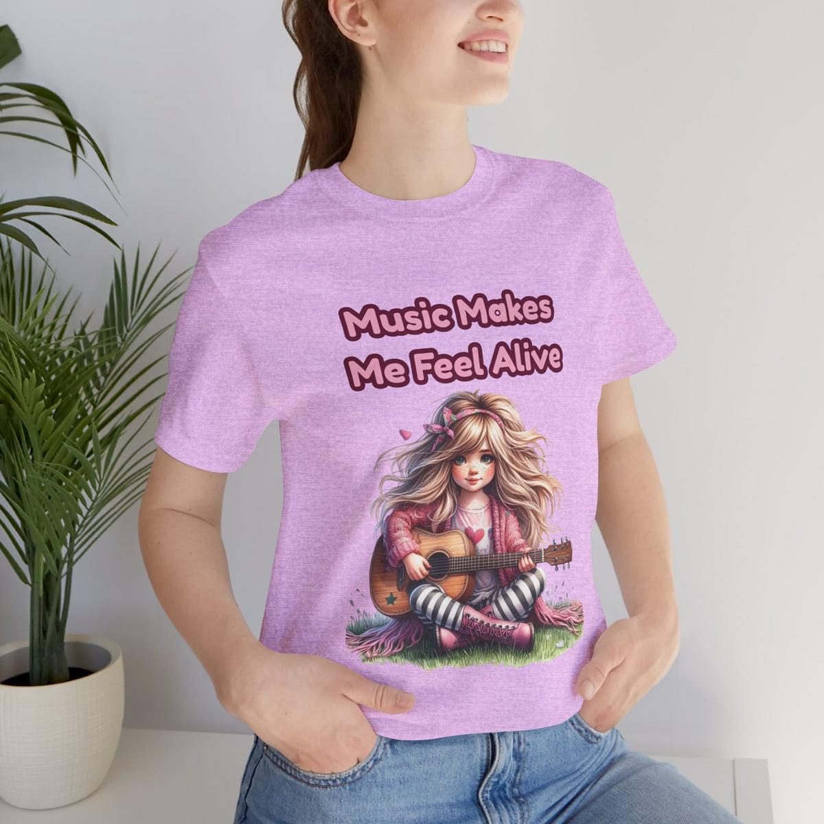 Music Makes Me Feel Alive T‑Shirt - Girl with Guitar Retro Cute Tee
