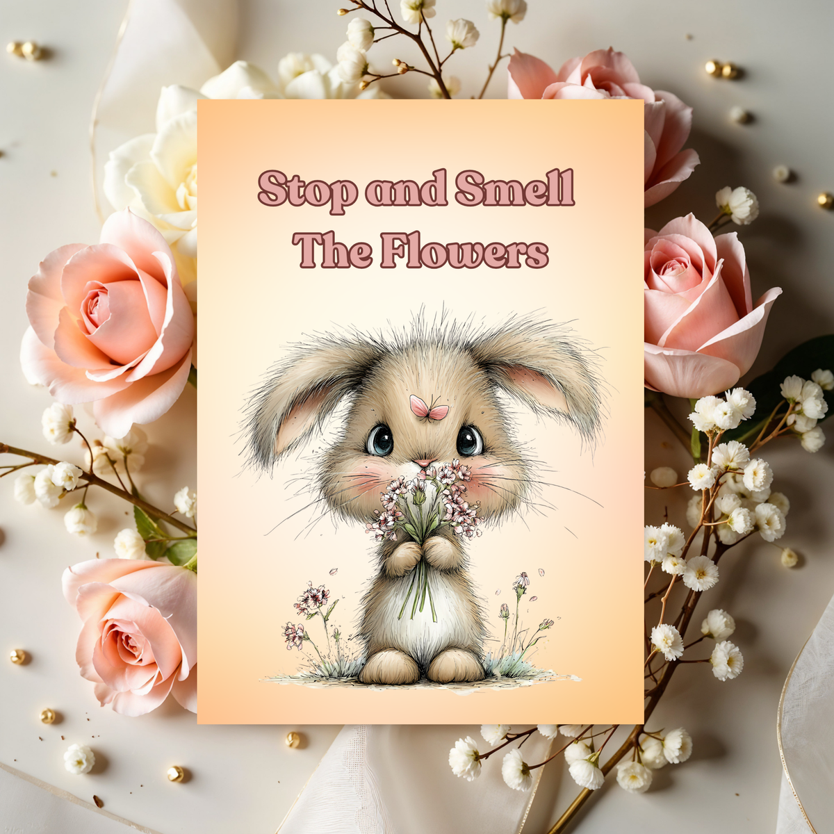 Inspirational Rabbit 5 x 7 Greeting Card: Stop and Smell The Flowers