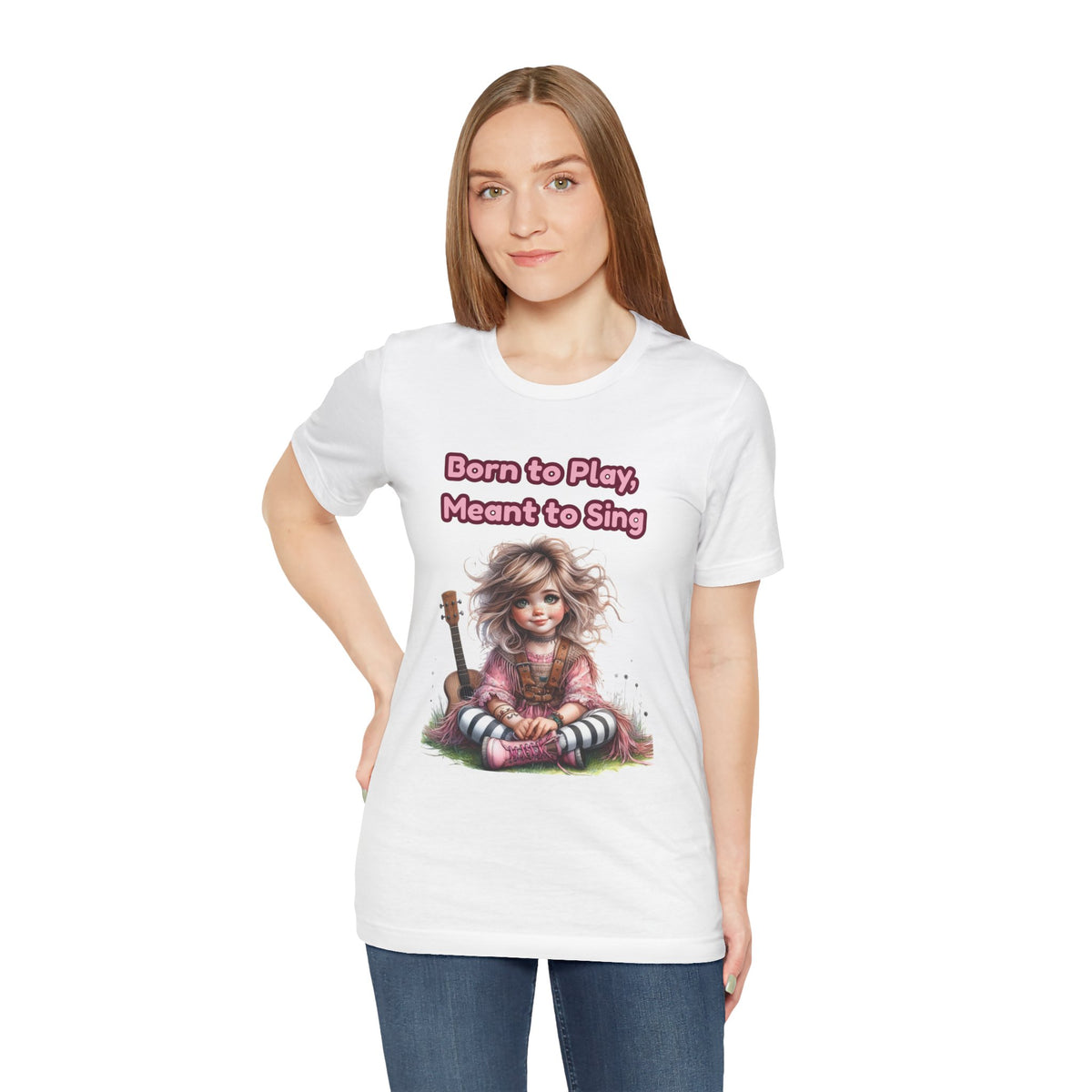 Music Lovers T‑Shirt — "Born to Play, Meant to Sing" Cute Girl with Guitar